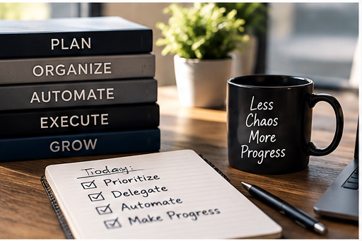 Organized desk with books labeled plan, organize, automate, execute, grow beside a prioritized task list