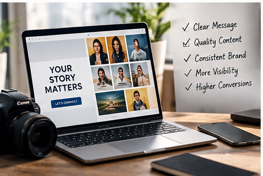 Laptop showing a clear brand story page beside a checklist of clear message, quality content, and consistent brand