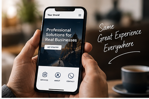 Hand holding a phone showing a clean mobile business homepage with easy-to-tap navigation