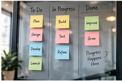Simple to do, in progress, and done task board on a glass wall showing where progress happens