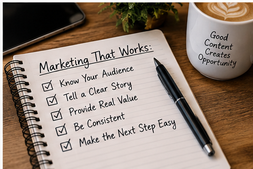 Notebook checklist reading know your audience, tell a clear story, provide real value, be consistent, make the next step easy