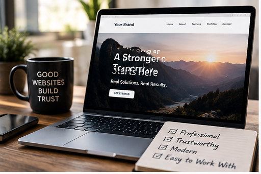 Laptop showing a clear, professional business homepage beside a checklist of trust signals